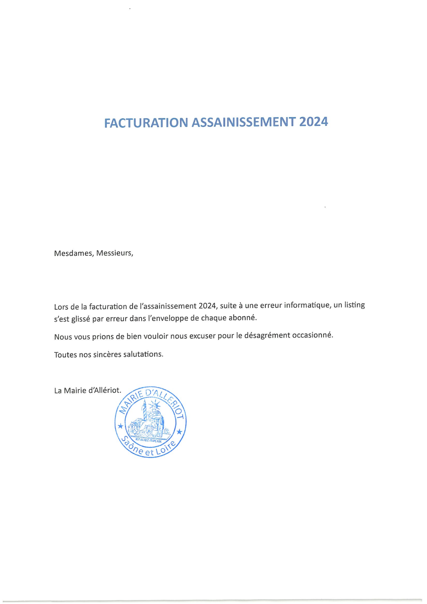 Information sur facturation assainissement 2024